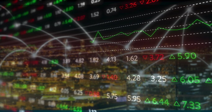 Displaying numeric stock prices floating over city skyline, with arrows, gridlines and line charts