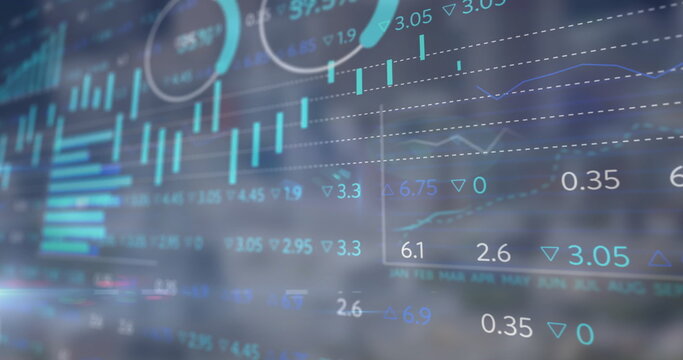 Displaying financial dashboard on screen showing bar charts, line graphs, gauges, percentage arrows