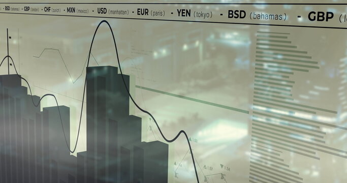 Displaying glass display showing 3D bar chart and line graph over currency tickers at office window