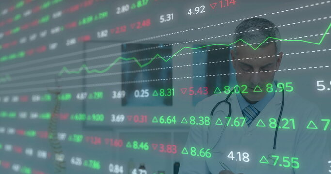 Writing doctor noting details on clipboard with stethoscope at clinic, with stock data overlay