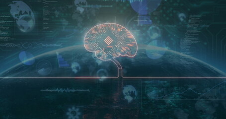 Hovering glowing brain circuit above digital Earth globe in data network space, with data overlays