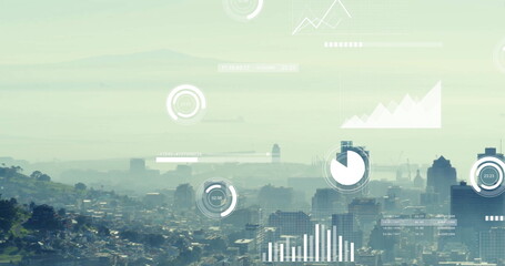 Displaying skyline overlaying data on hillside harbor with houses, skyscrapers, cranes and ships