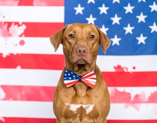 Dog wearing bowtie in front of American flag