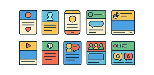 Social media flat icon set. communication, profile, chat, music icons collection