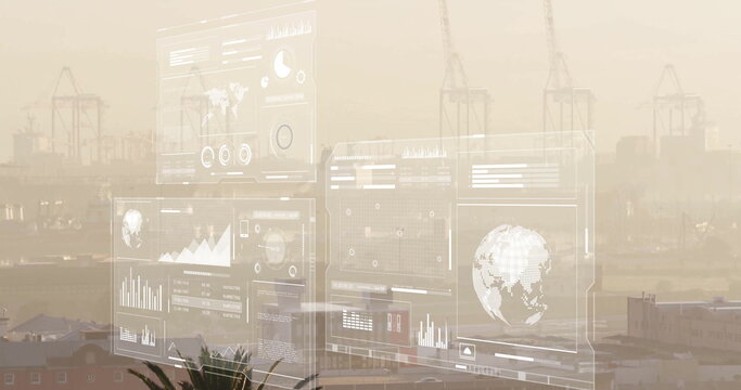 Floating digital dashboards showing maps and charts at seaport, with container cranes, palm frond