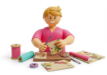 Cute Cartoon Woman Cutting Floral Paper Craft