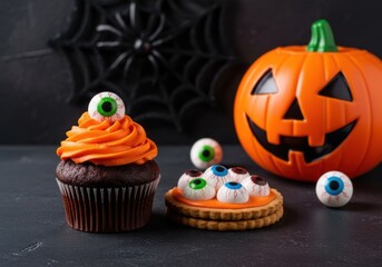 Spooky halloween treats a chocolate cupcake with orange frosting and an eyeball, decorated cookies with eyeballs, and a carved pumpkin