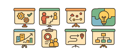 Business presentation outline icon set. corporate, strategy, meeting line collection
