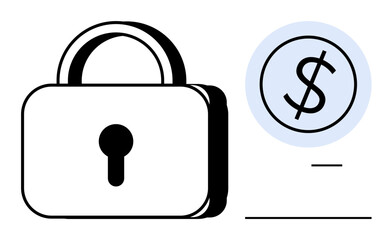 Closed padlock next to a dollar sign inside a circle, symbolizing financial security and safeguarding. Ideal for banking, online payment, savings, insurance, investments, cybersecurity, simple flat