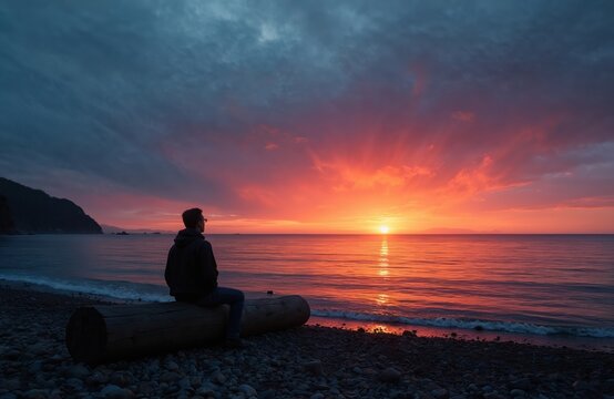 Solitary man watches vibrant sunset over calm ocean from rocky beach. Person sits on driftwood log observing colorful sky, clouds, horizon. Peaceful dusk scene, waves lap shore, contemplative mood.