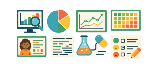 Data analysis and presentation flat icon set. charts, graphs, and report icons