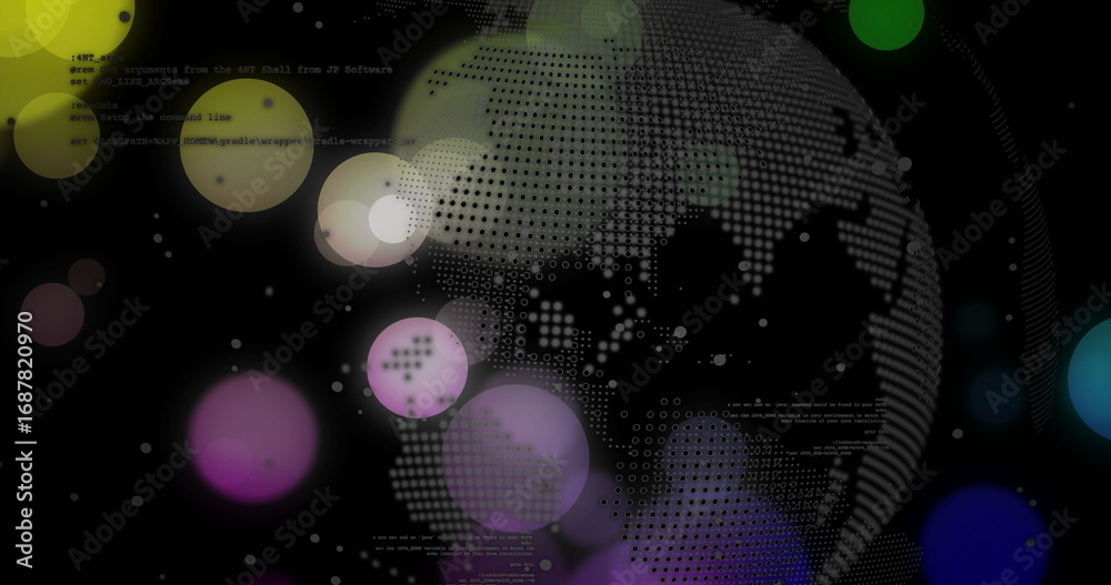 Wall mural rotating dotted globe revolving in digital space, with colored orbs and code snippets, copy space