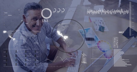 Typing man wearing plaid shirt analyzing data at desk amid keyboard laptop phone charts, copy space