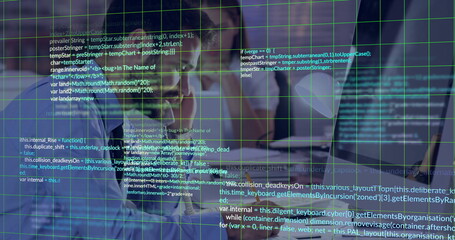 Software developers reviewing code on monitor at office desk, with keyboard, mouse and laptop