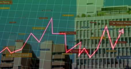 Displaying bright pink zigzag trend line running across skyline grid overlay, with data labels