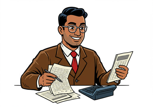 Cartoon Accountant Analyzing Financial Data with Calculator