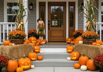 A festive halloween porch decorated with pumpkins, hay bales, and mums