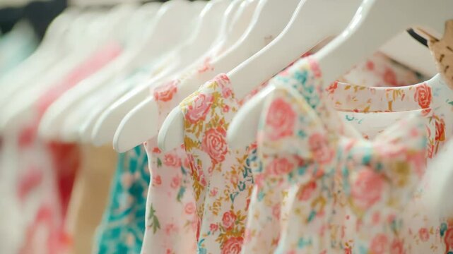 Floral dresses on hangers: fashionable wardrobe with colorful patterns and bow detail