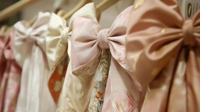 Elegant pink and beige kimonos with intricate bows on display in boutique