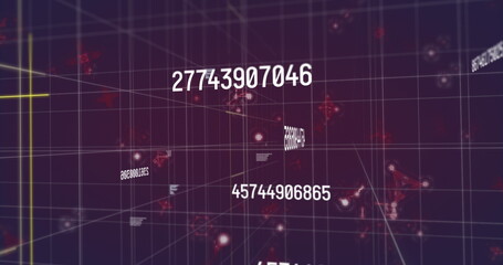 Floating numeric string moving through network, with grid lines, node clusters and yellow crosshair
