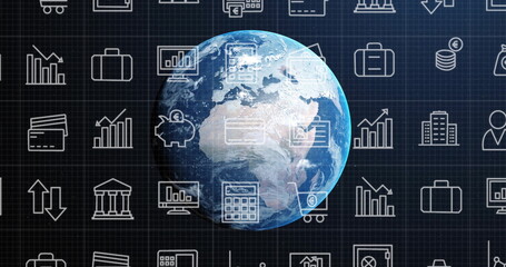 Showing 3D Earth globe on dark blue grid background, with overlaid bar charts and piggy bank