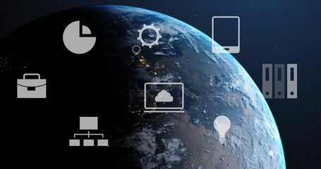 Showing planet Earth emerging from shadow in space, with pie chart gear network laptop icons
