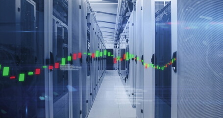 Displaying server racks in data center corridor showing LEDs and network cables with chart overlay