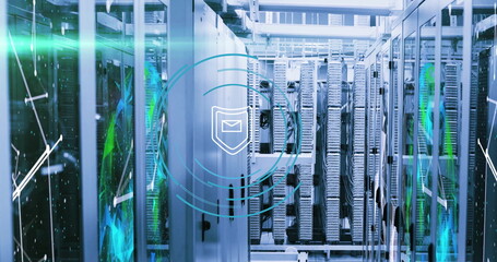 Illuminating central server racks showing shield icon with envelope in data center corridor