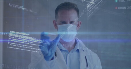 Reaching male doctor manipulating display in lab, with mask gloves stethoscope and binary overlays
