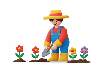Cute Cartoon Gardener Planting Flowers Spring