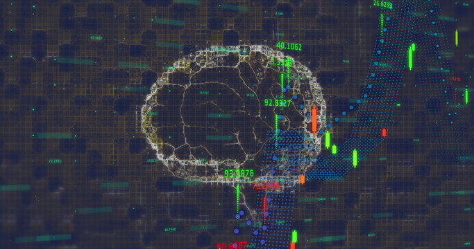 Overlaying wireframe brain model in virtual grid with candlesticks clusters labels and trend curves