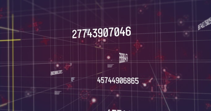 Floating numeric string moving through network, with grid lines, node clusters and yellow crosshair