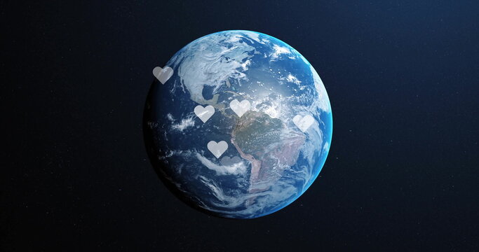 Naklejki Floating planet Earth displaying swirling clouds in space, with translucent heart icons hovering