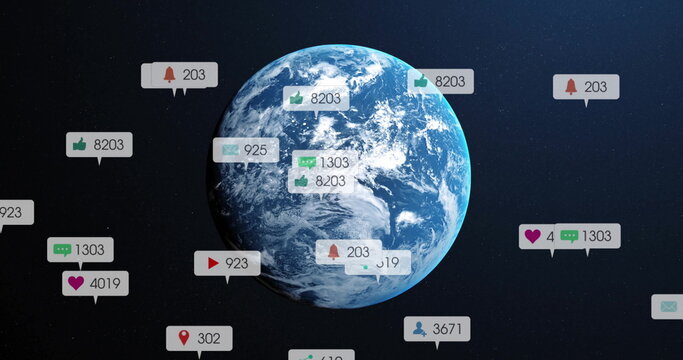 Naklejki Floating planet Earth spinning in star-speckled outer space, with social media notification icons