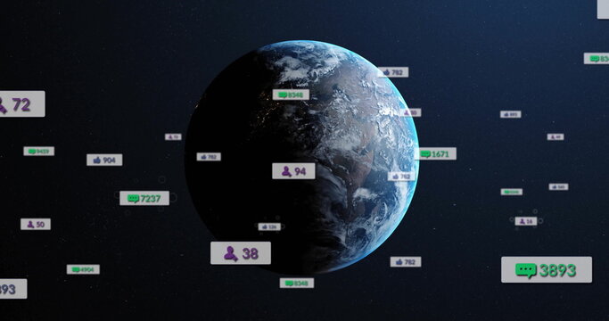 Naklejki Rotating planet Earth revealing clouds in deep space, with orbiting social media notification icons