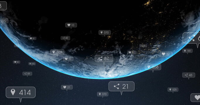Naklejki Earth globe showing lit horizon in outer space, with like, pin, share and counter badges