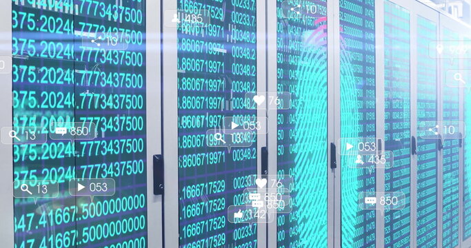 Glass-fronted server cabinets showing code and social icons in data center with fingerprint overlay