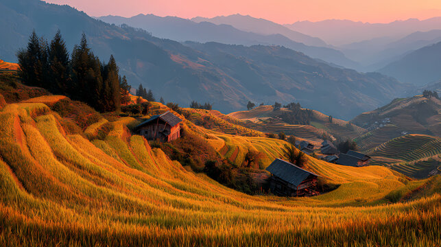 Rice Terraces of Longsheng A Golden Landscape at Sunset, China's Dragon's Backbone