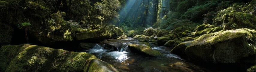 Obraz premium Tranquil water flowing through mossy rocks in a lush forest nature photography serene environment close-up view