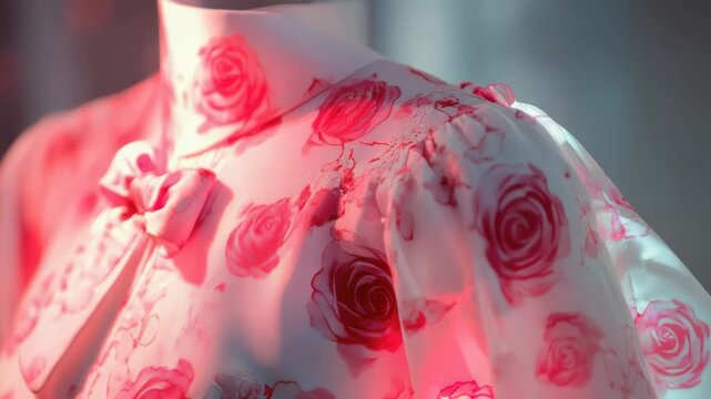 Elegant floral patterned dress with bow detail in soft pink lighting