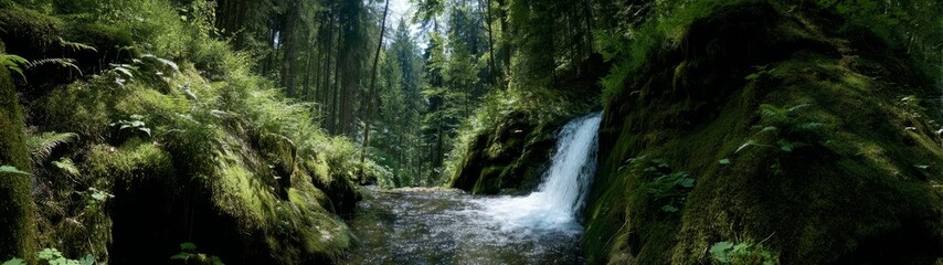 Fototapeta premium Flowing waterfall surrounded by lush greenery in a serene forest landscape nature photography peaceful environment