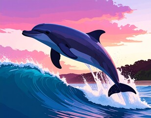Dolphin leaping over a wave at sunset