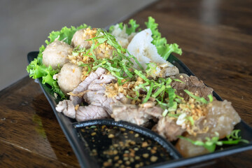 Close up of Boiled Beef with Spicy Dip:Selective focus