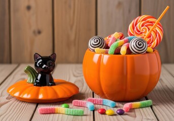 A festive halloween pumpkin bucket overflowing with colorful candies and a swirling lollipop, with a black cat figurine nearby on a wooden surface