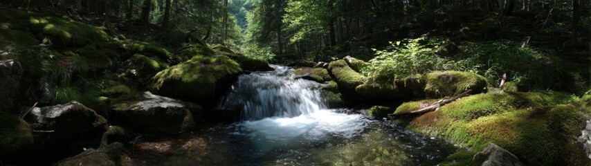 Fototapeta premium Flowing stream amidst lush forest nature photography tranquil environment captured in daylight