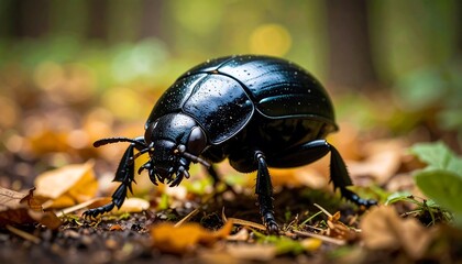 Black beetle on forest floor