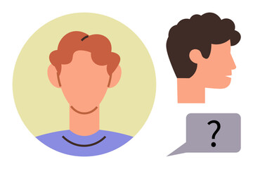 Faceless male figure in front and side views with brown hair and a speech bubble featuring a question mark. Ideal for identity, anonymity, decision-making, communication, questioning, profile