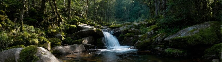 Naklejka premium Cascading waterfall surrounded by lush forest nature photography tranquil landscape serene environment close-up view