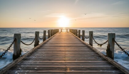 Empty Wooden Pier at Sunset with Crashing Waves and Golden Light