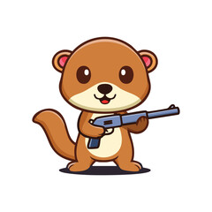 Fototapeta premium A cartoon illustration of an adorable otter holding a shotgun. The otter is depicted with a friendly expression